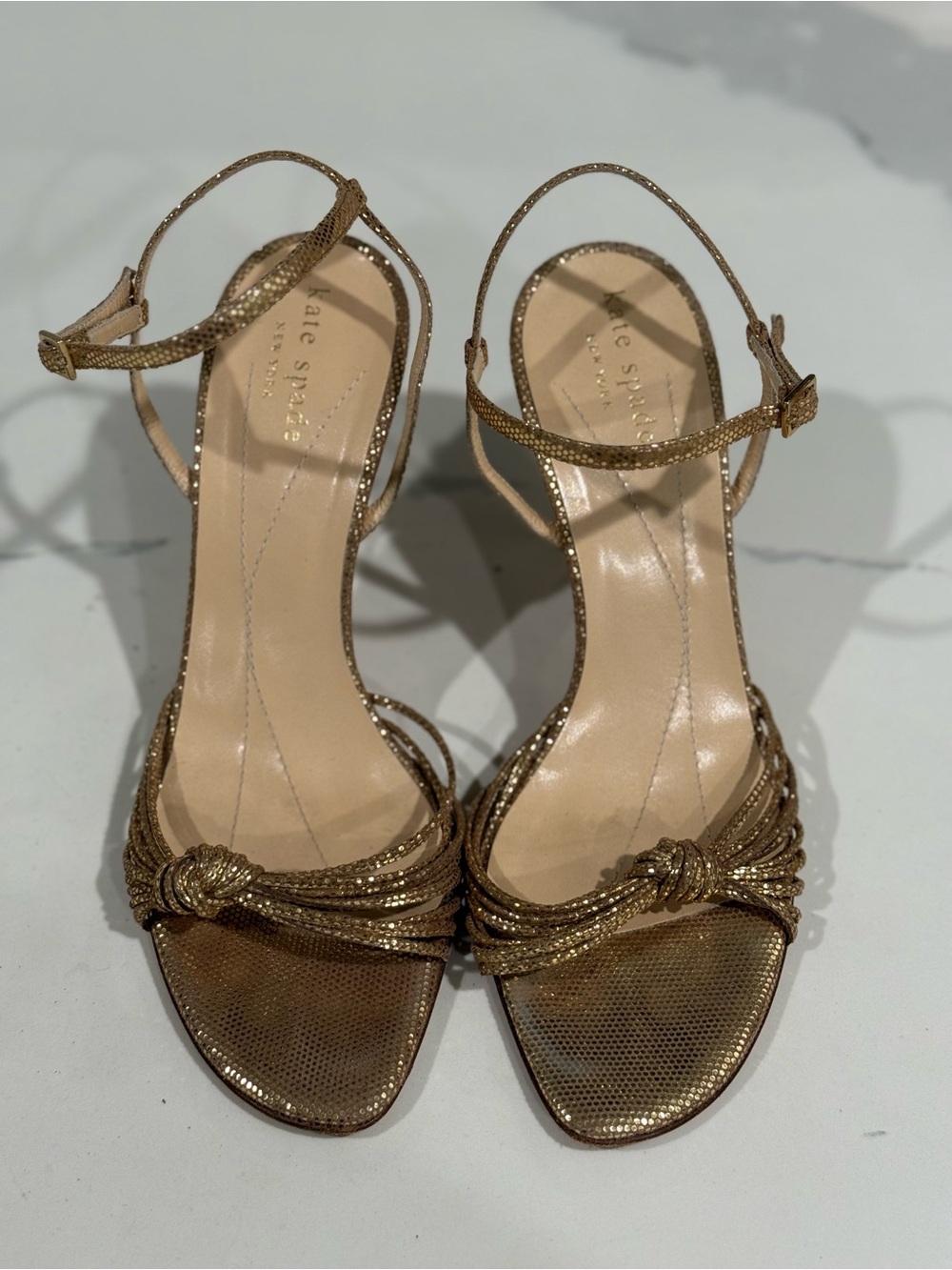 kate spade Metallic Gold Knot Ankle-Strap Heels